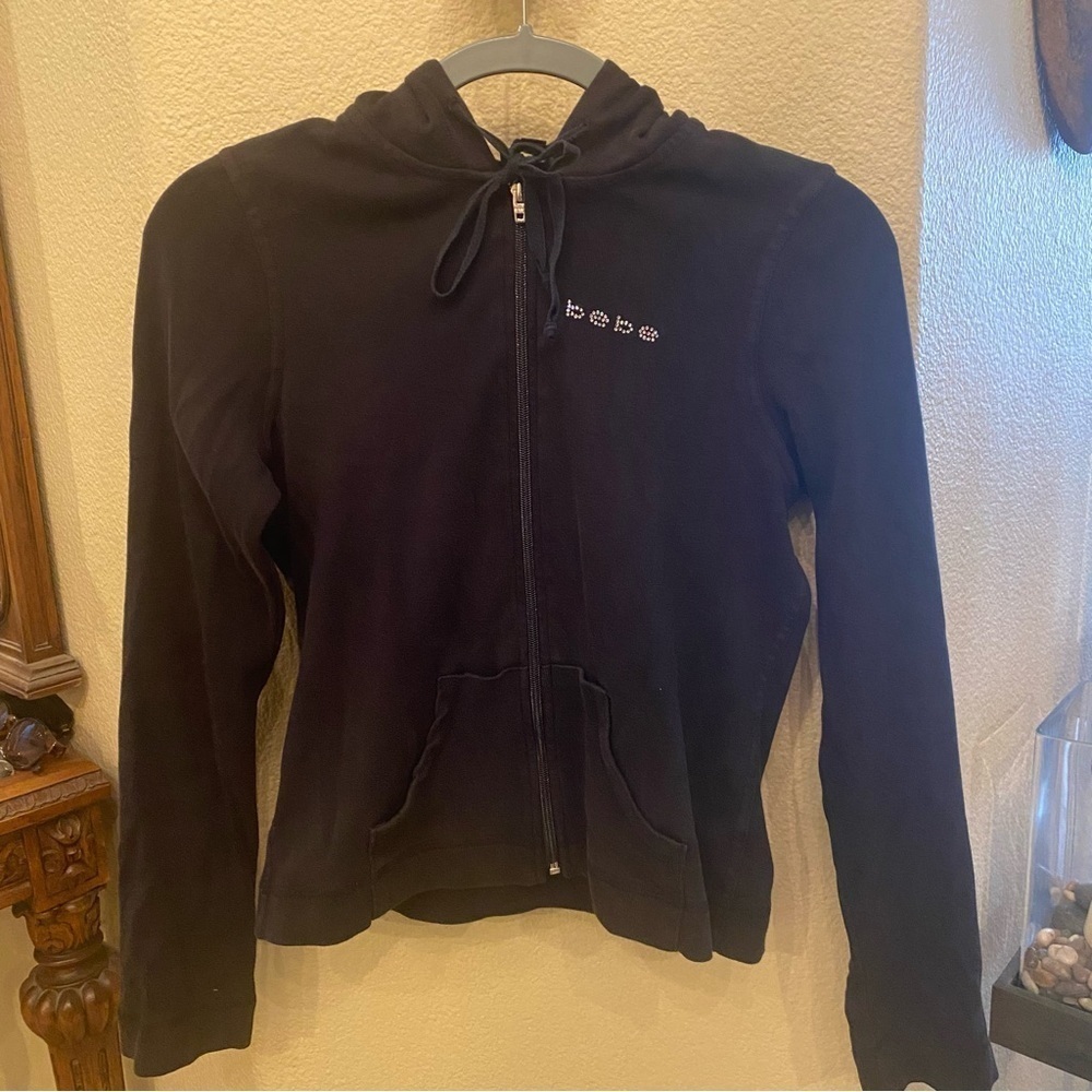 Vtg BEBE Black Rhinestone Bling Y2K Hoodie Jacket Size L-Made in USA-Fit Small